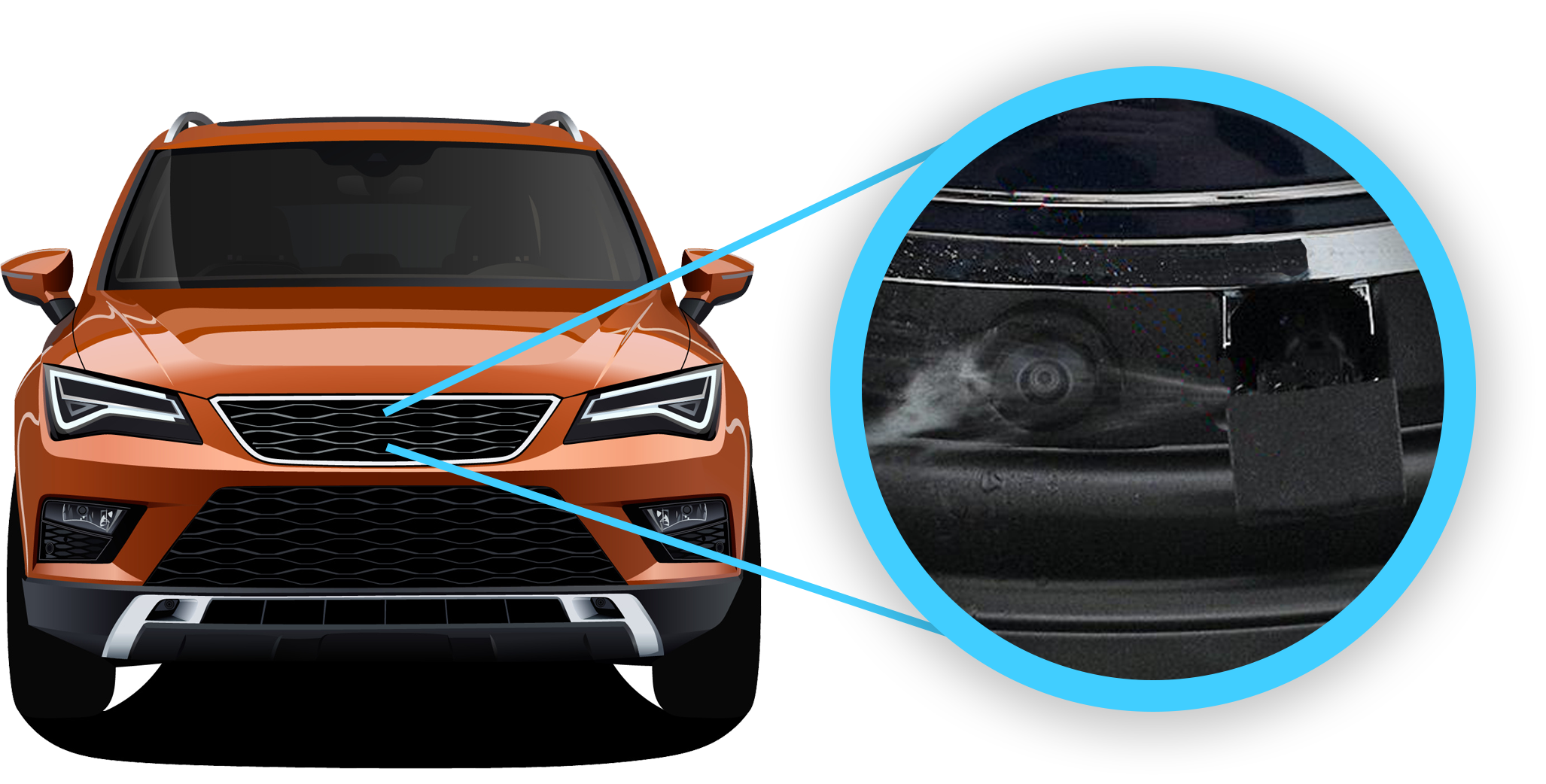 Camera Spray nozzle in action. Washer nozzle, Camera cleaning nozzle, Windshield washer nozzle, Sensor, windshield, wiper fluid, high-pressure, jet, spray